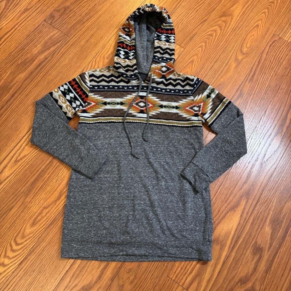 Southwestern Aztec Print Lightweight Hoodie Charcoal Gray Heathered Small